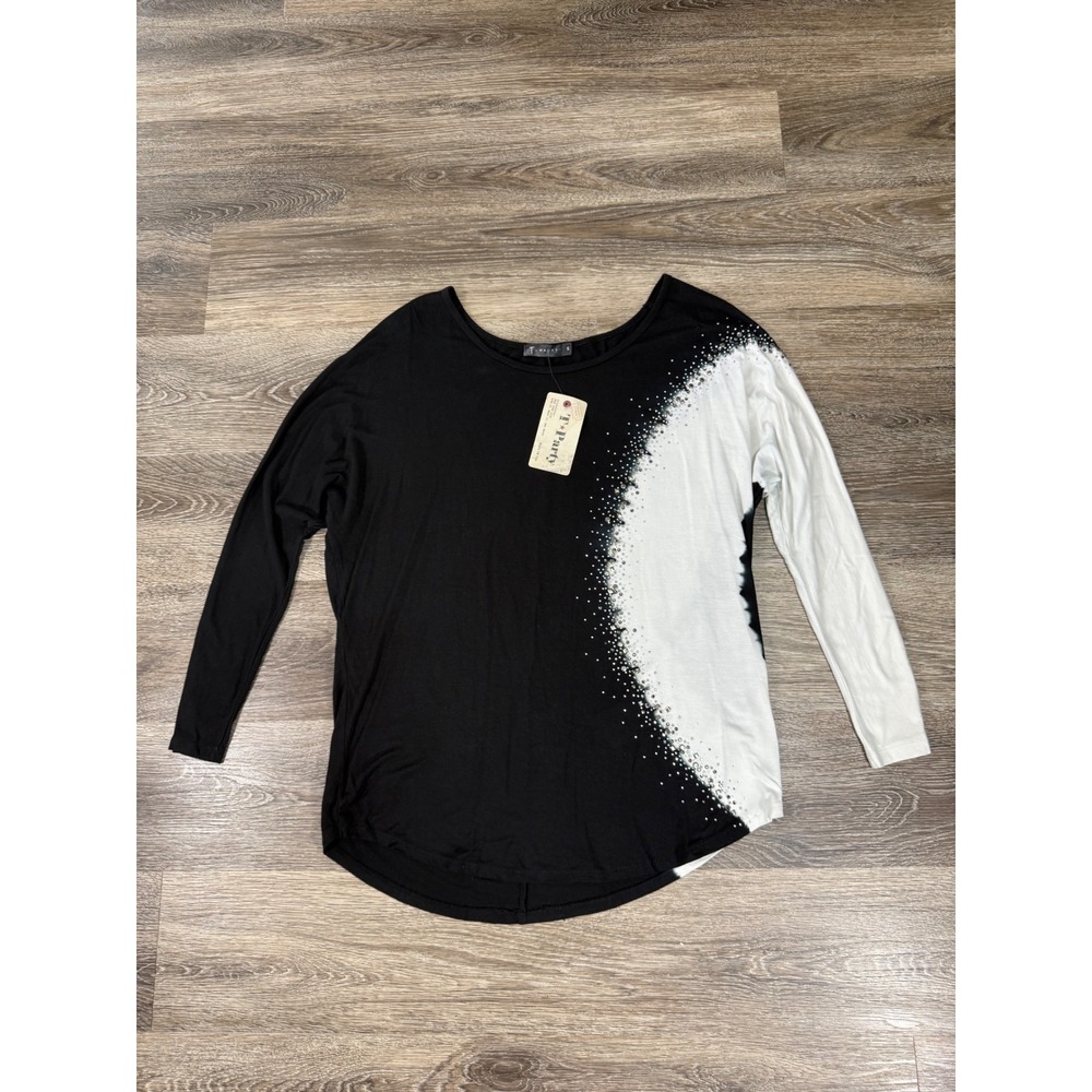 T Party Blouse Women's S Black White Colorblock Rhinestone Long Sleeve Tie-dye
